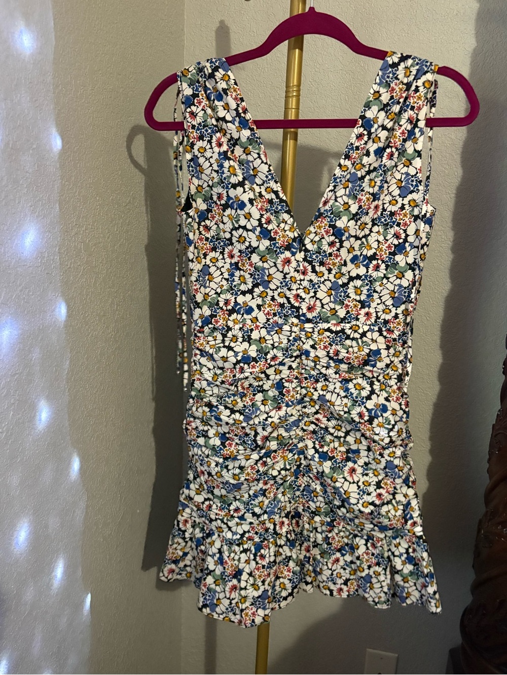 Veronica Beard White Multi Floral V-Neck Ruched Ruffle Crop Top